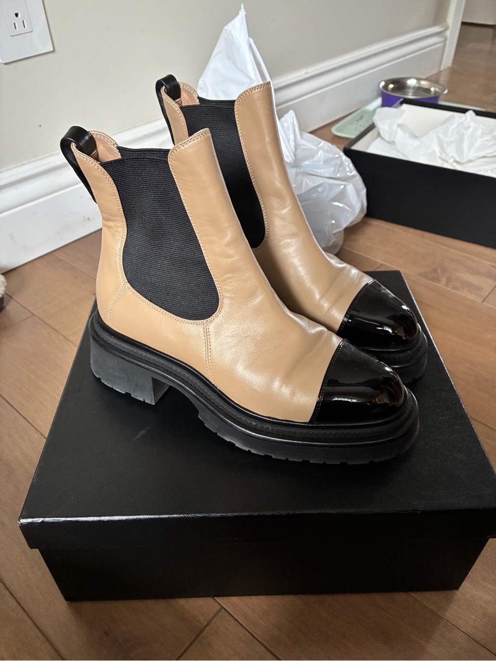CHANEL Beige Leather Chelsea Boots with Black Patent Cap Toe